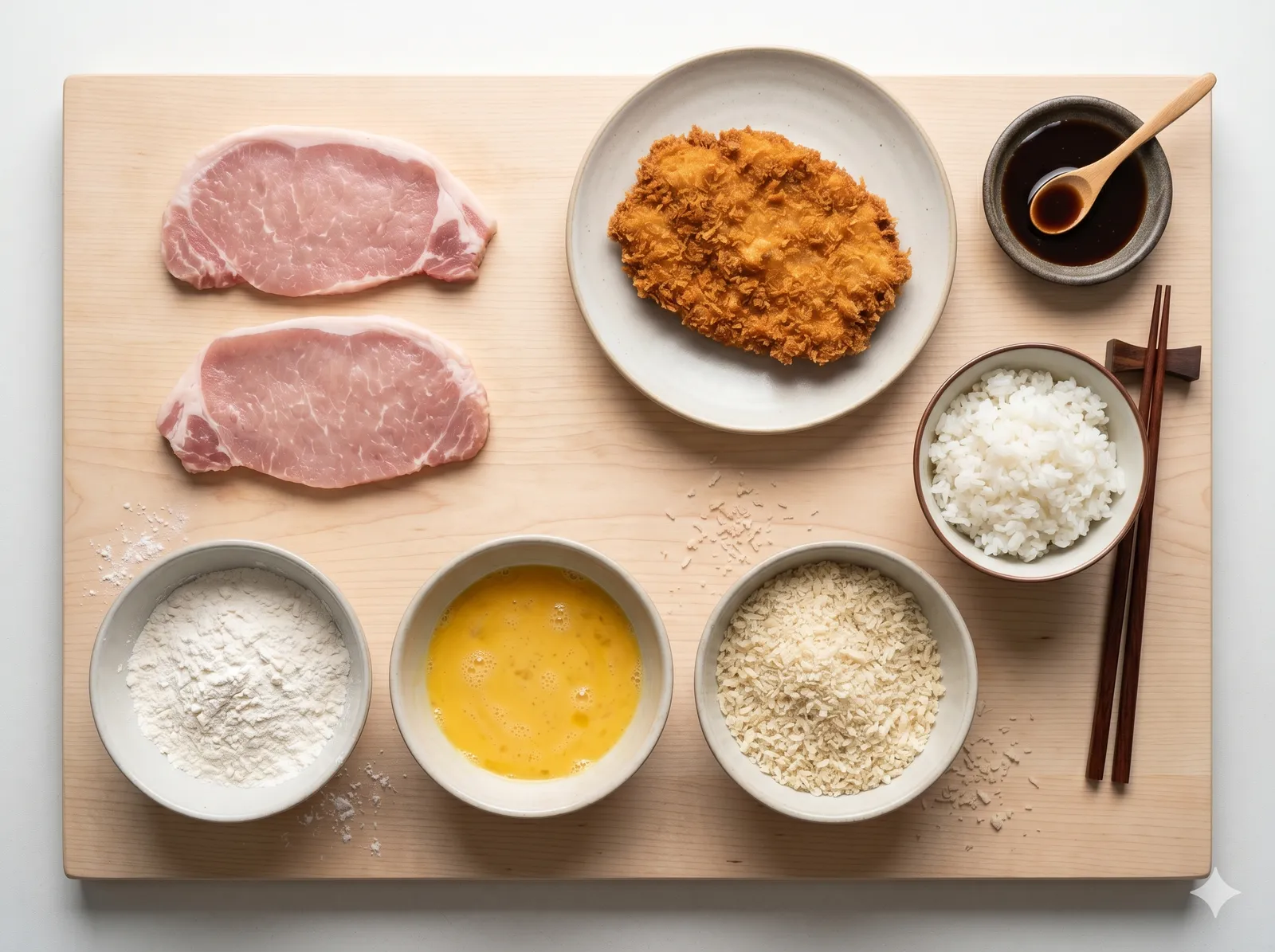 Top-down flat lay of waraji katsudon ingredients: thin pork loin cutlets, flour, beaten egg, panko, sweet-savory sauce, steamed rice and a finished cutlet