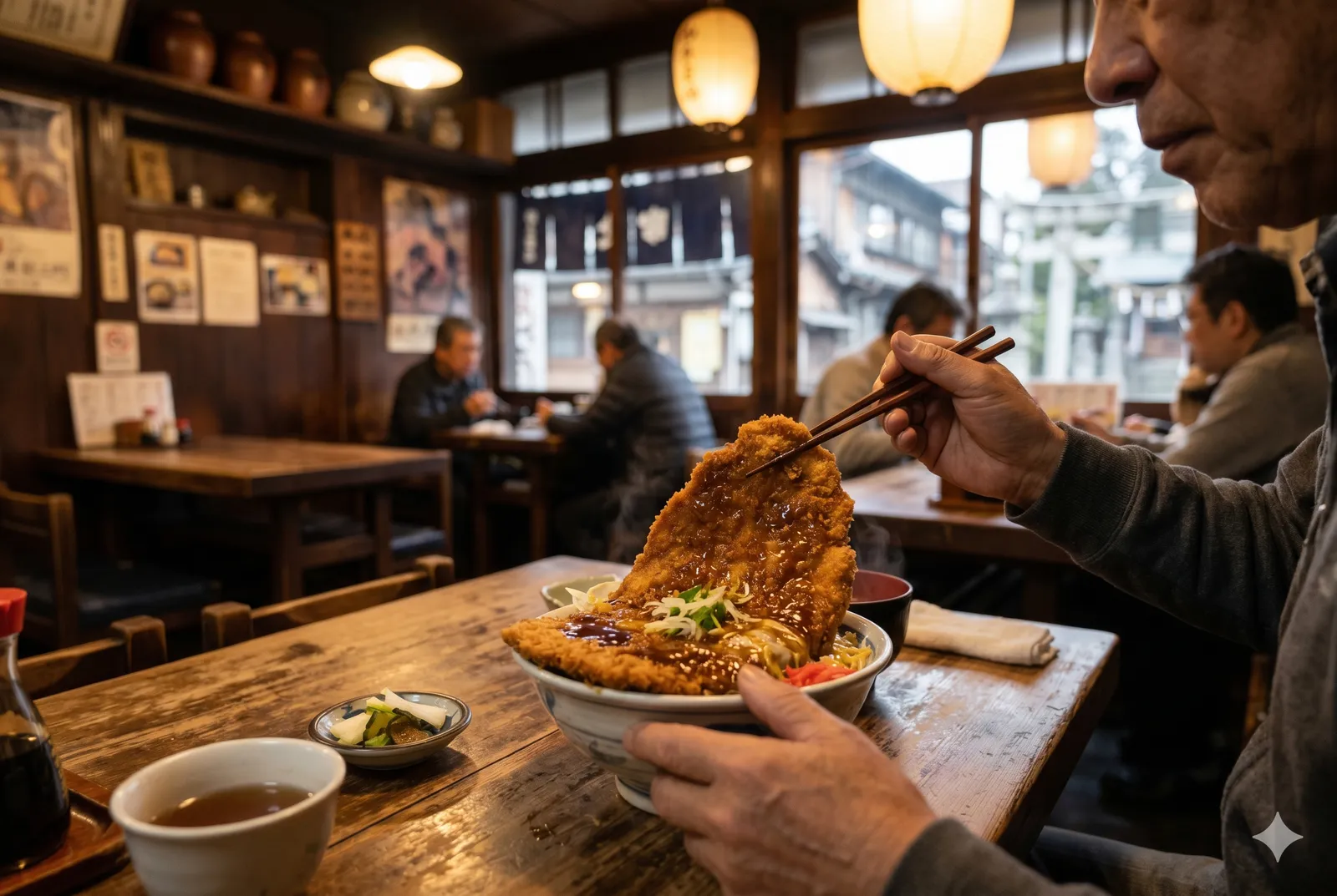 A diner lifting an oversized waraji cutlet with chopsticks from a donburi bowl at a traditional old-fashioned Chichibu diner