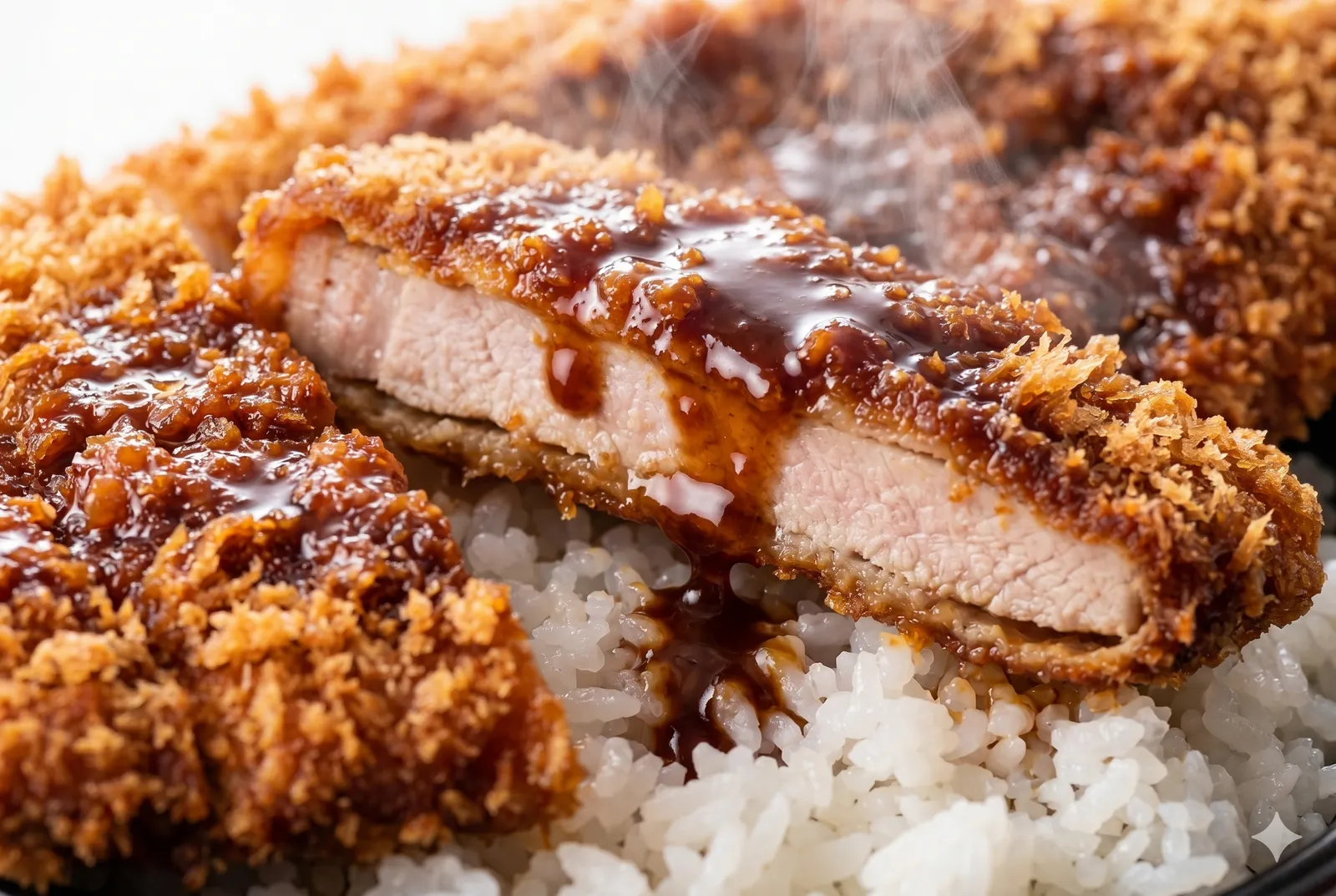 A waraji katsudon cutlet cut open to show the juicy pork interior under a crisp panko crust, glossy dark sweet sauce dripping onto white rice
