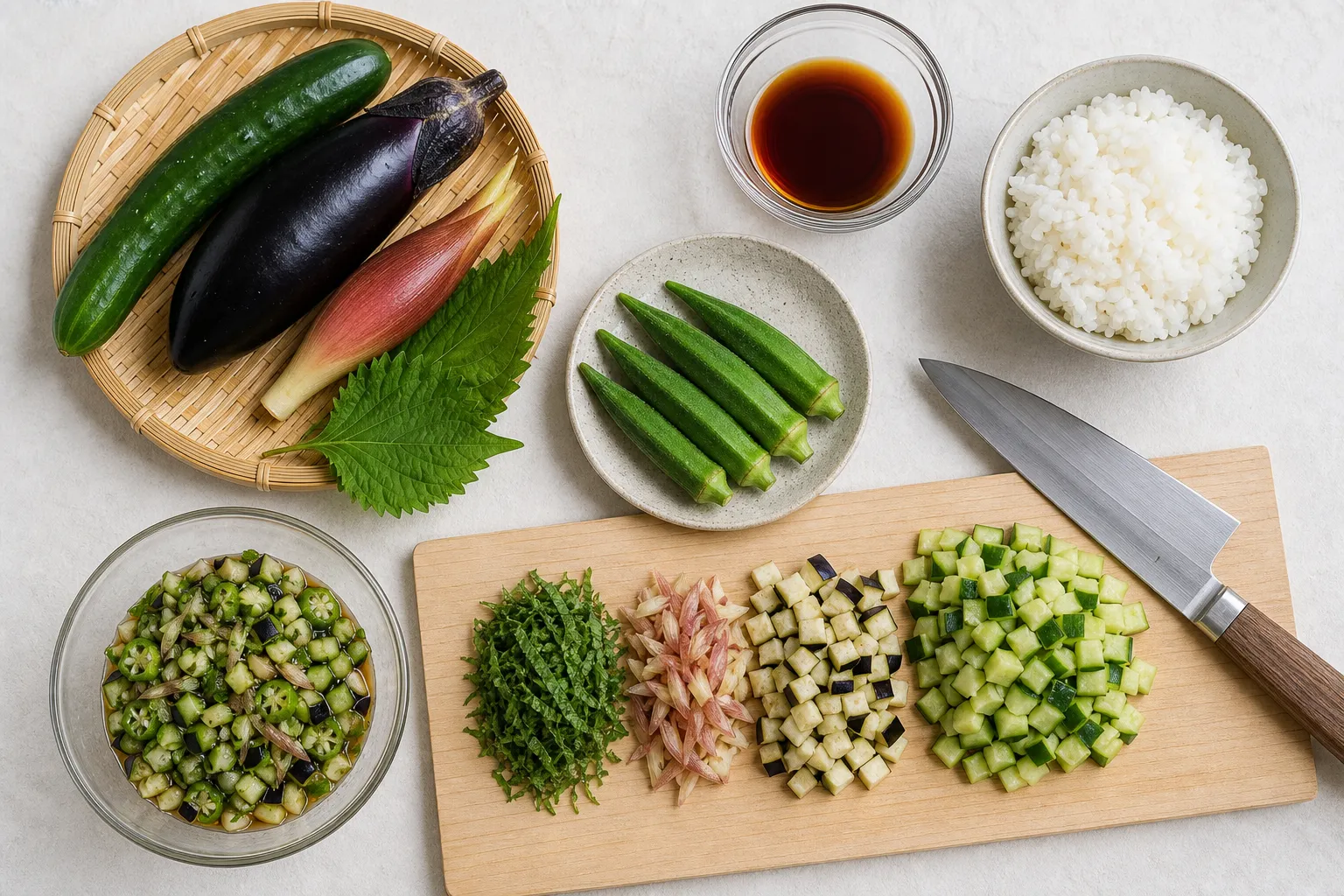 The chopped vegetables and herbs that go into Yamagata dashi