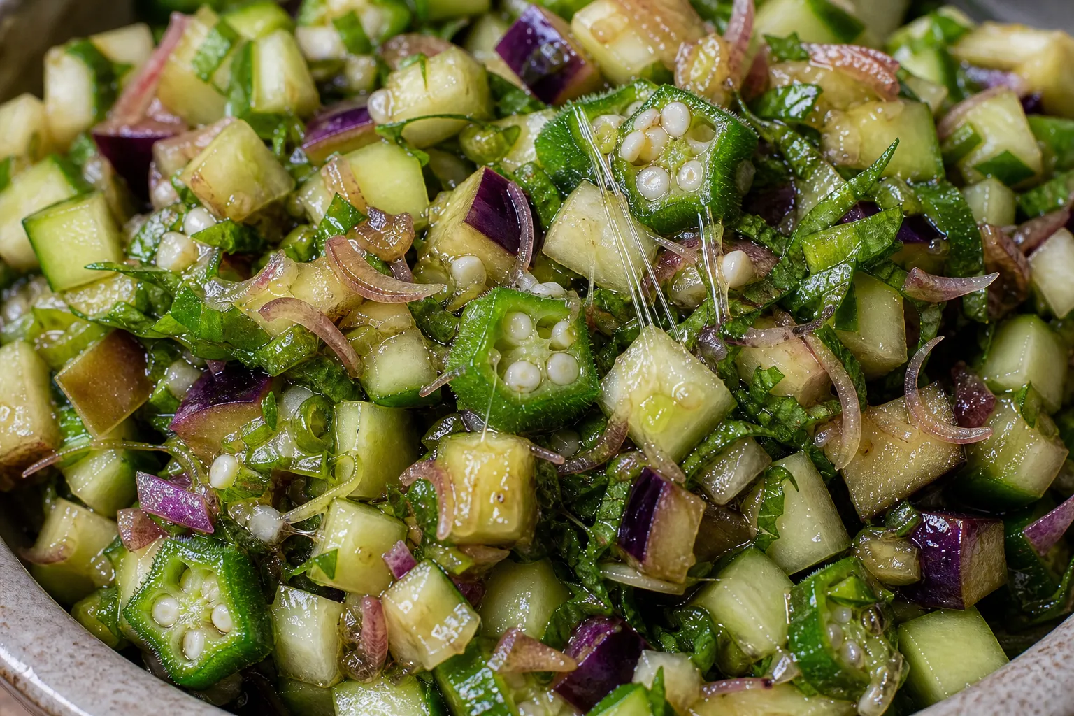 Close-up of the chopped sticky vegetables in Yamagata dashi