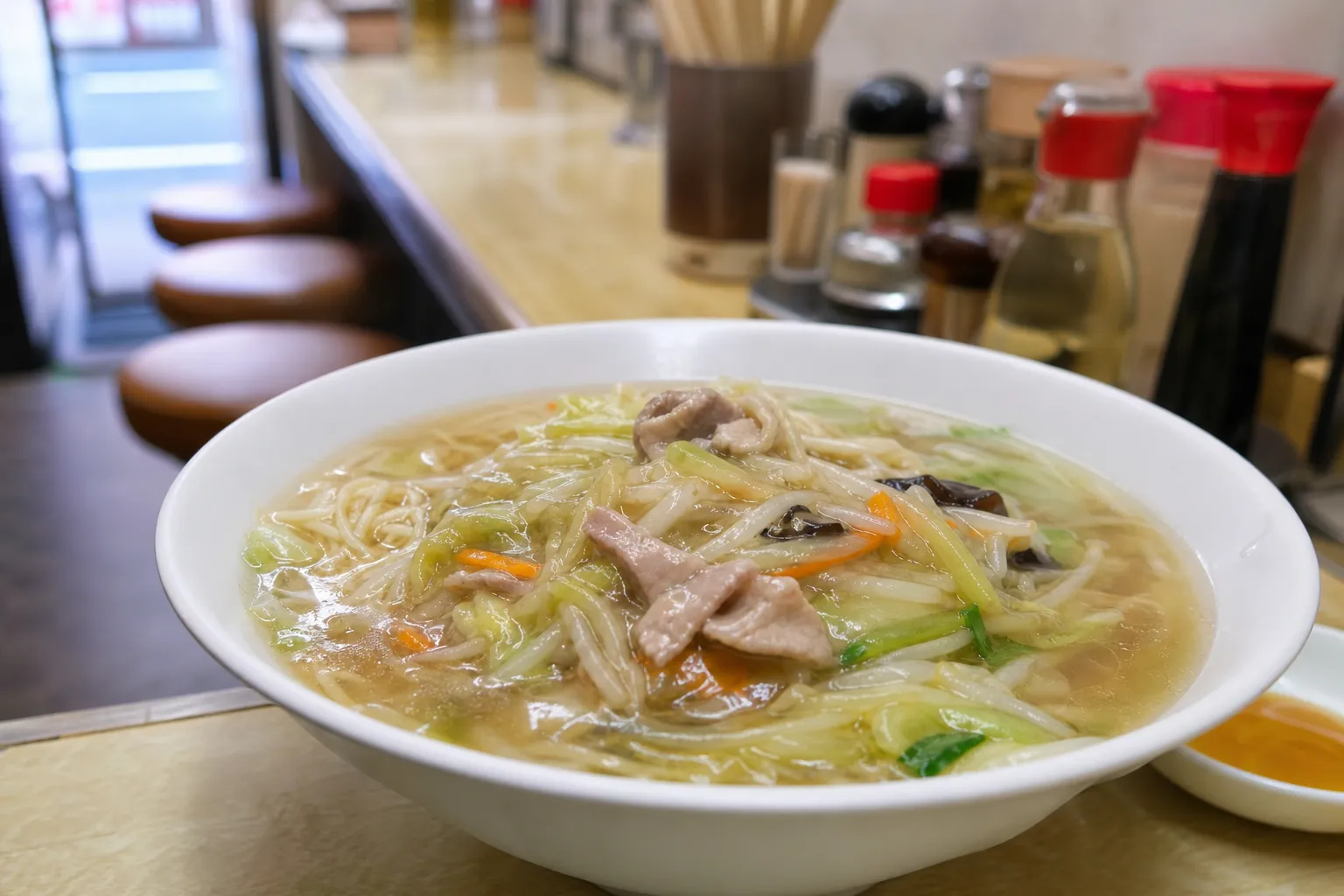 A bowl of Yokohama sanma-men on a diner counter in a Chinese-Japanese restaurant in Yokohama