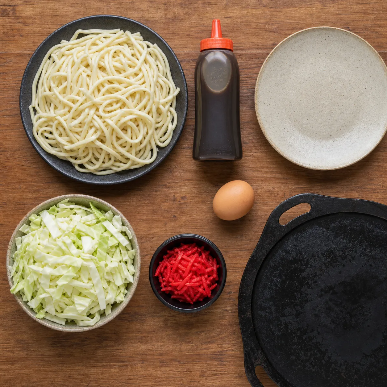 Ingredients for Yokote yakisoba laid out: thick steamed noodles, cabbage, pork, sweet Worcestershire sauce, a raw egg, and fukujinzuke pickles