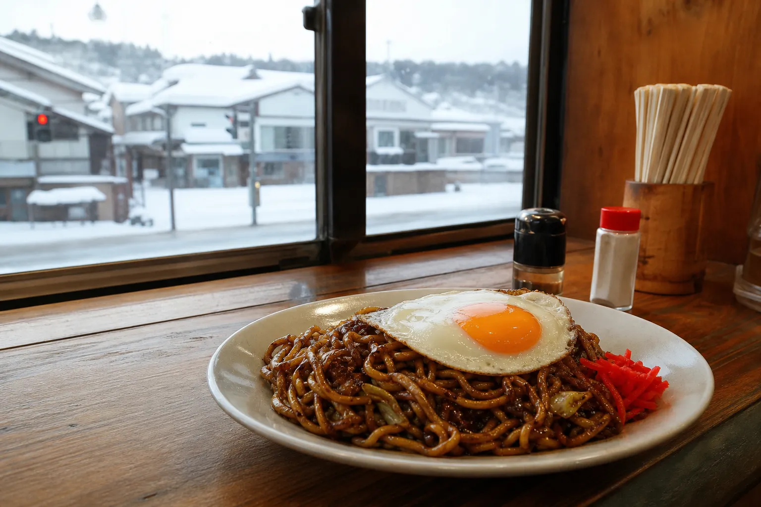 A plate of Yokote yakisoba with a fried egg on top and red fukujinzuke pickles on the side, served in a Yokote shop
