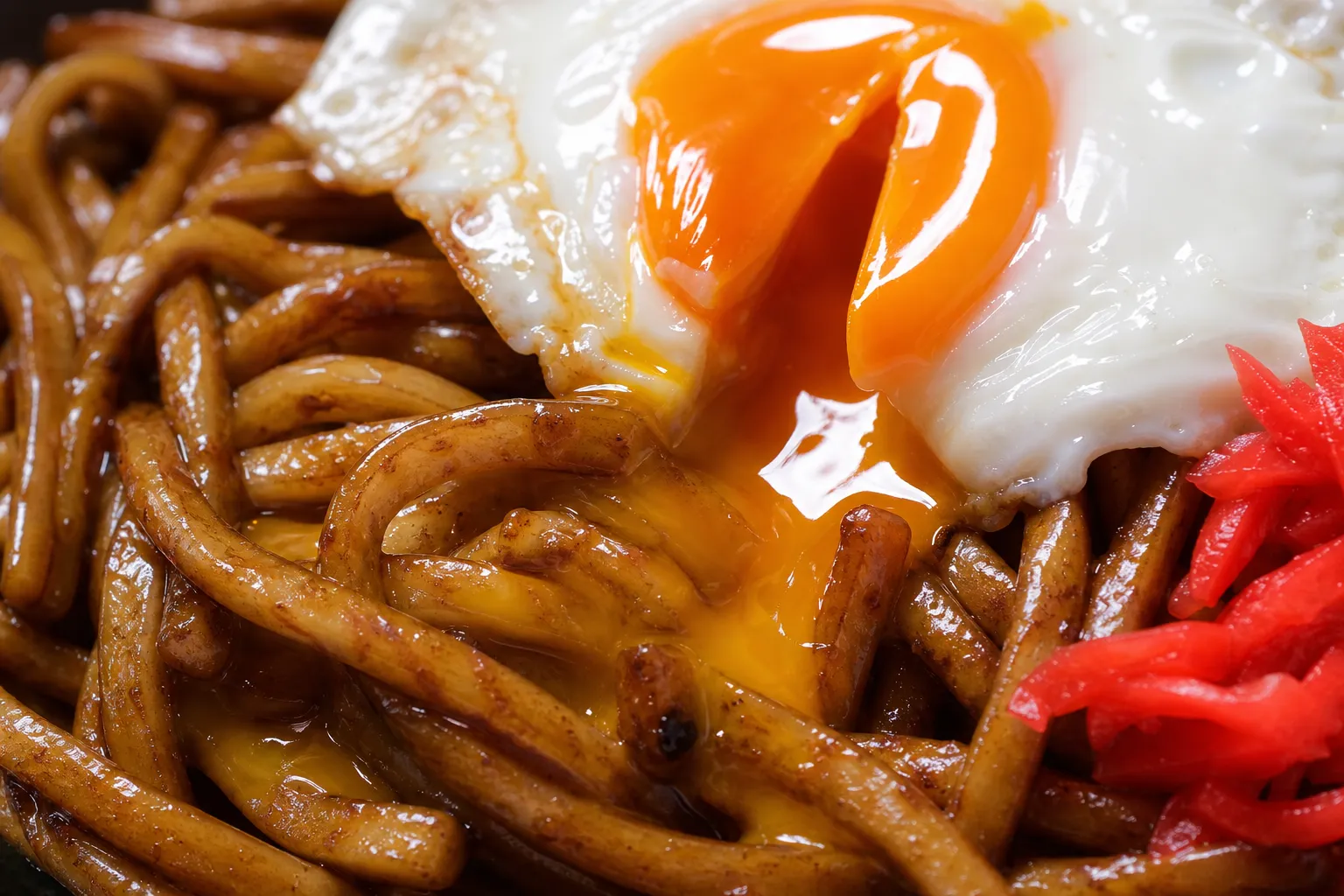 Close-up of Yokote yakisoba noodles with a runny fried egg yolk breaking over them and red pickles beside the plate