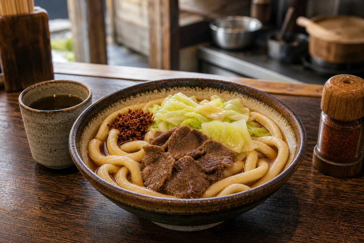 Yoshida udon served in a typical Fujiyoshida setting