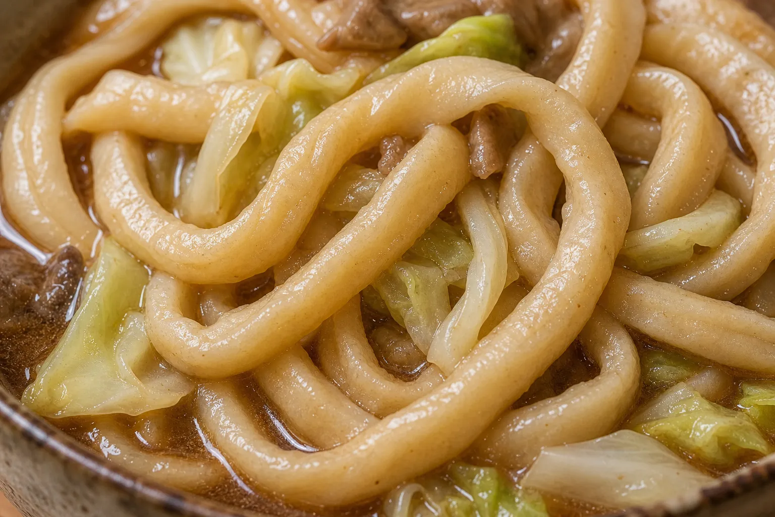 Close-up of thick chewy Yoshida udon noodles in soy-miso broth