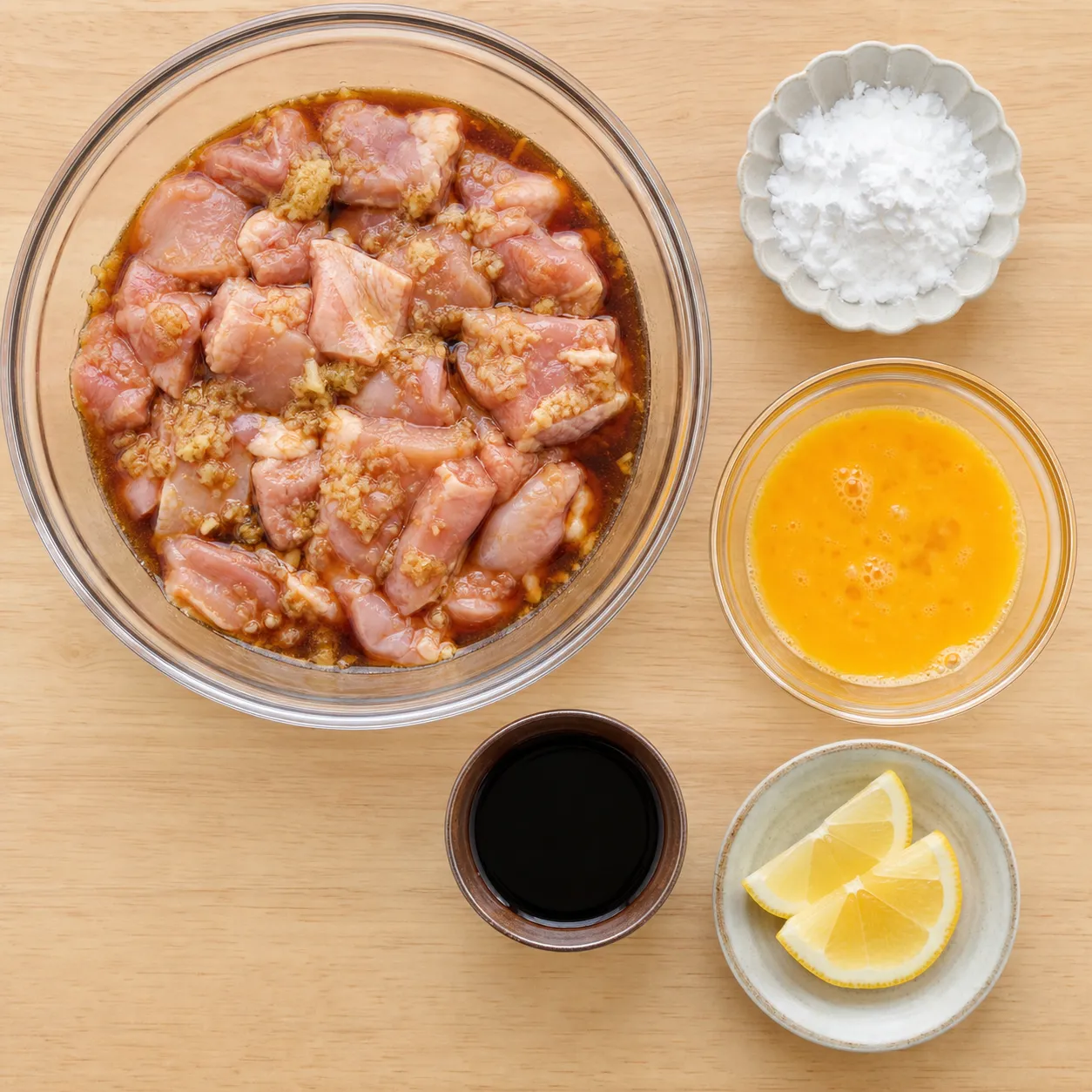 The marinade and ingredients for zangi laid out before frying