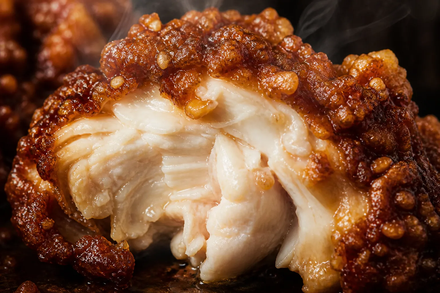 Close-up of a zangi piece torn open, showing juicy meat and a dark craggy crust