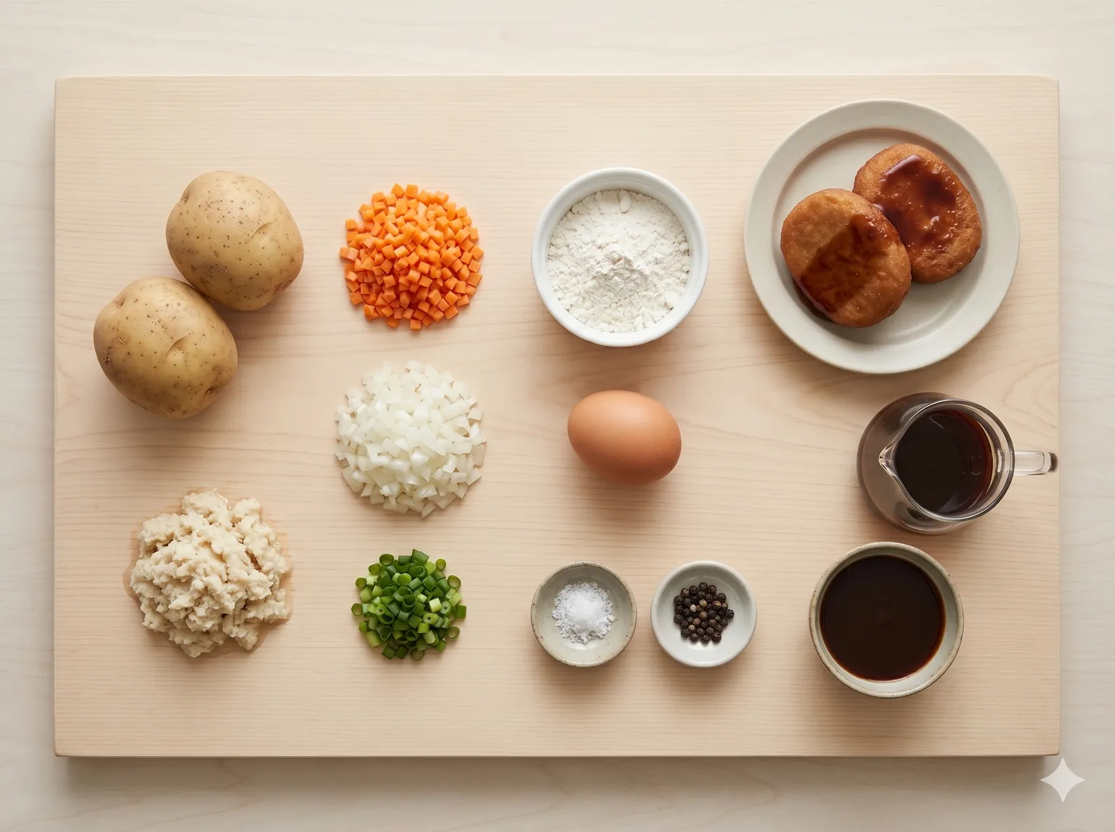 Top-down flat lay of zeri fry ingredients: mashed potato, okara, grated carrot, green onion, flour, egg, and dark Worcestershire-style sauce on a wooden board