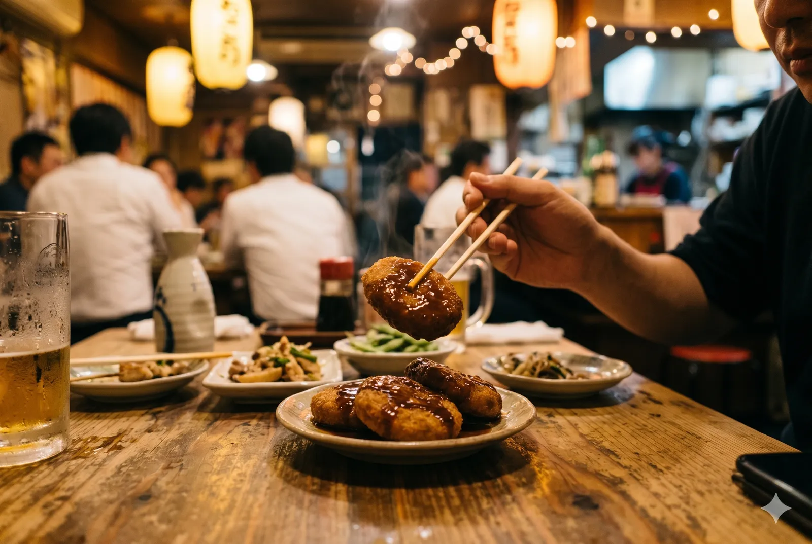 A hand holding a sauce-drizzled zeri fry on a small paper tray at a lively Gyoda festival street stall