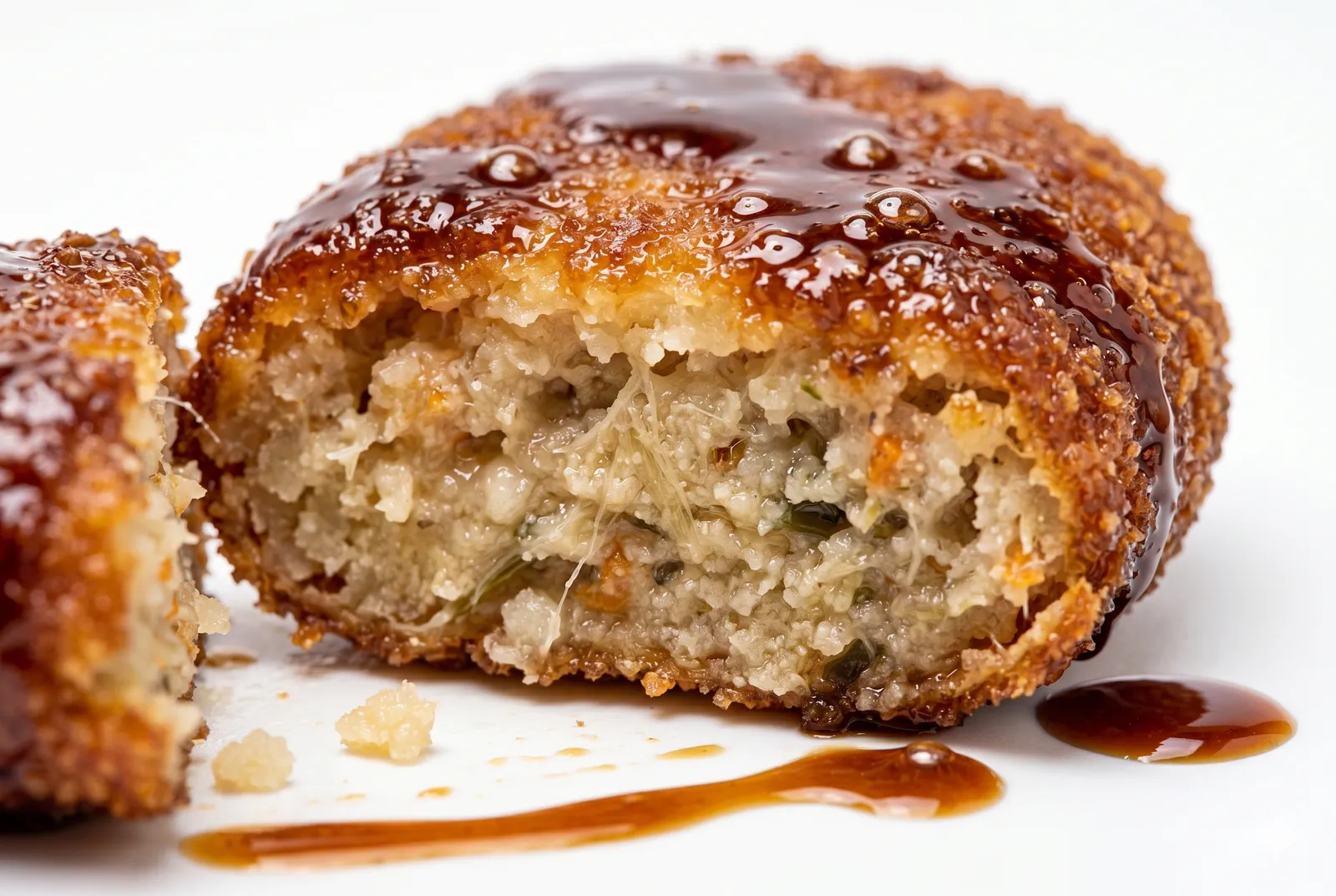 A golden oval zeri fry patty cut open to show its soft pale interior flecked with carrot and green onion, glossy dark Worcestershire-style sauce on top