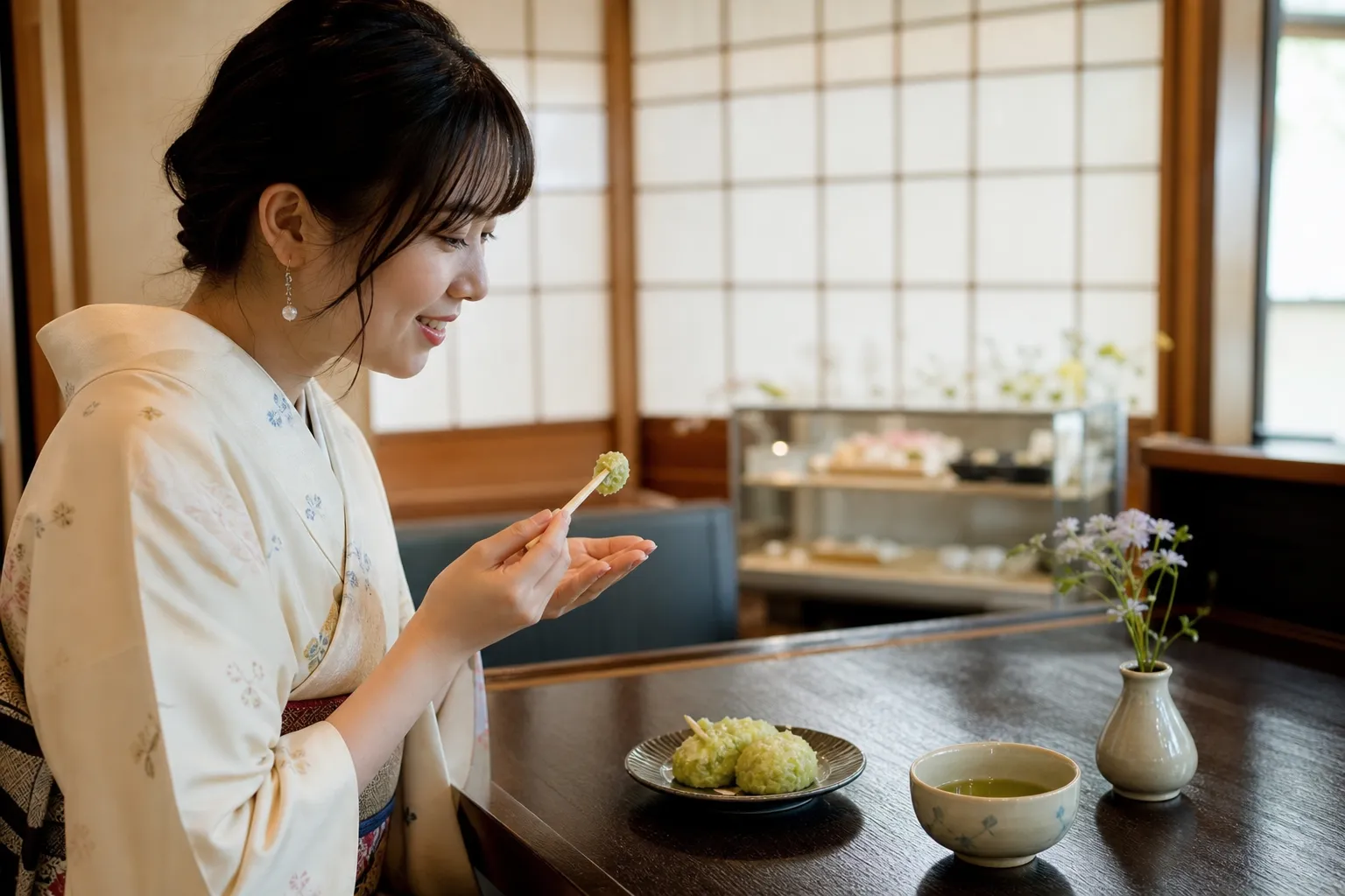 Zunda mochi served with green tea in a traditional Sendai sweets setting