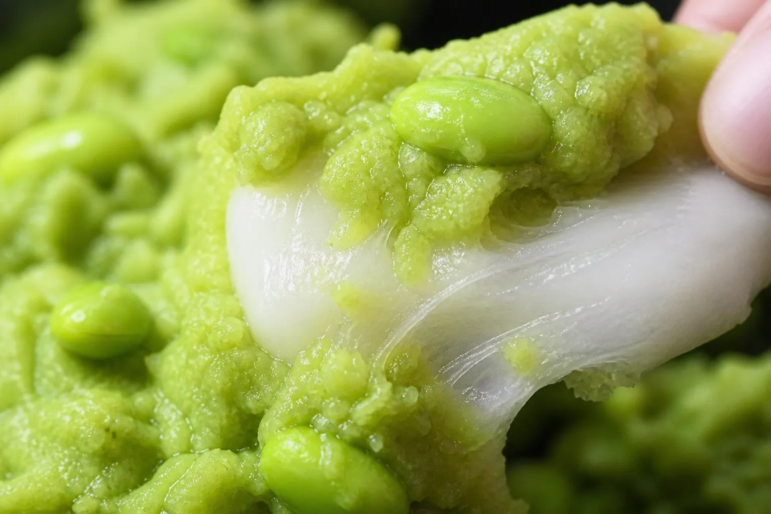 Close-up of soft white mochi covered in chunky bright-green zunda edamame paste